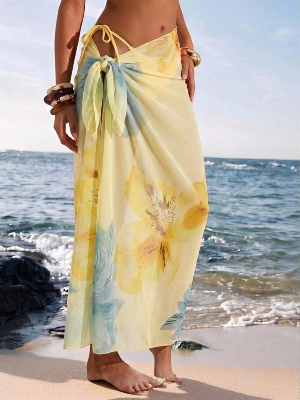 Yellow Floral Mesh Sarong Wrap Beach Skirt Cover Up